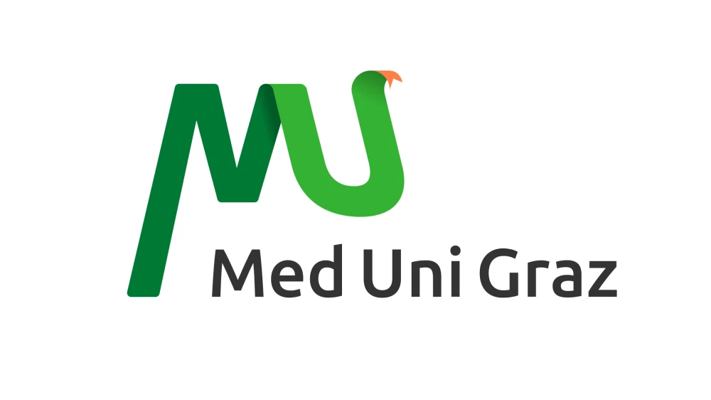 Logo der Medizinischen Universitaet Graz (Med Uni Graz). Modernes Design mit gruenen Buchstaben MU und einer stilisierten Schlange