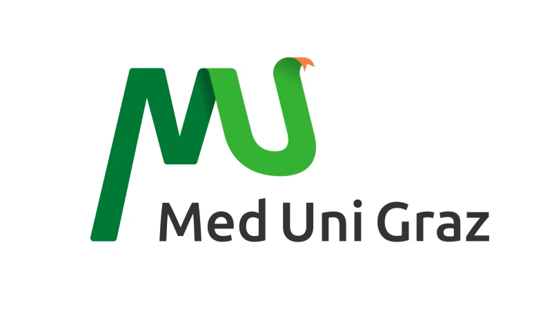 Logo der Medizinischen Universitaet Graz (Med Uni Graz). Modernes Design mit gruenen Buchstaben MU und einer stilisierten Schlange