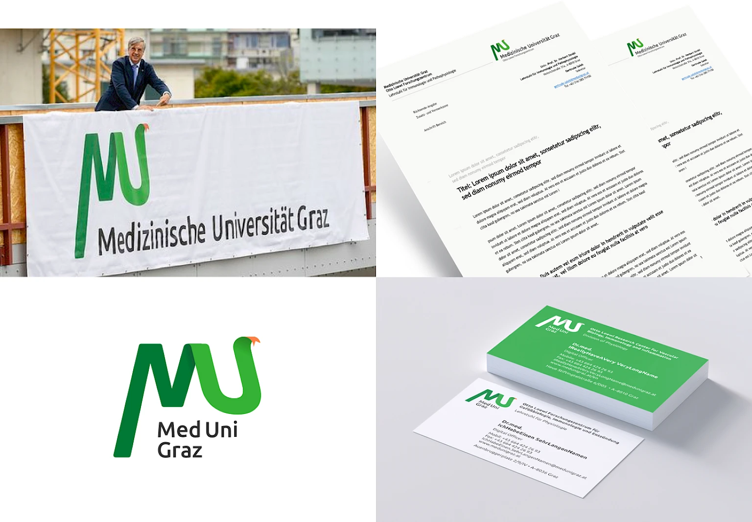 Corporate Design der Medizinischen Universitaet Graz. Logo auf Banner, Briefpapier und Visitenkarten mit modernem Branding und medizinischer Symbolik