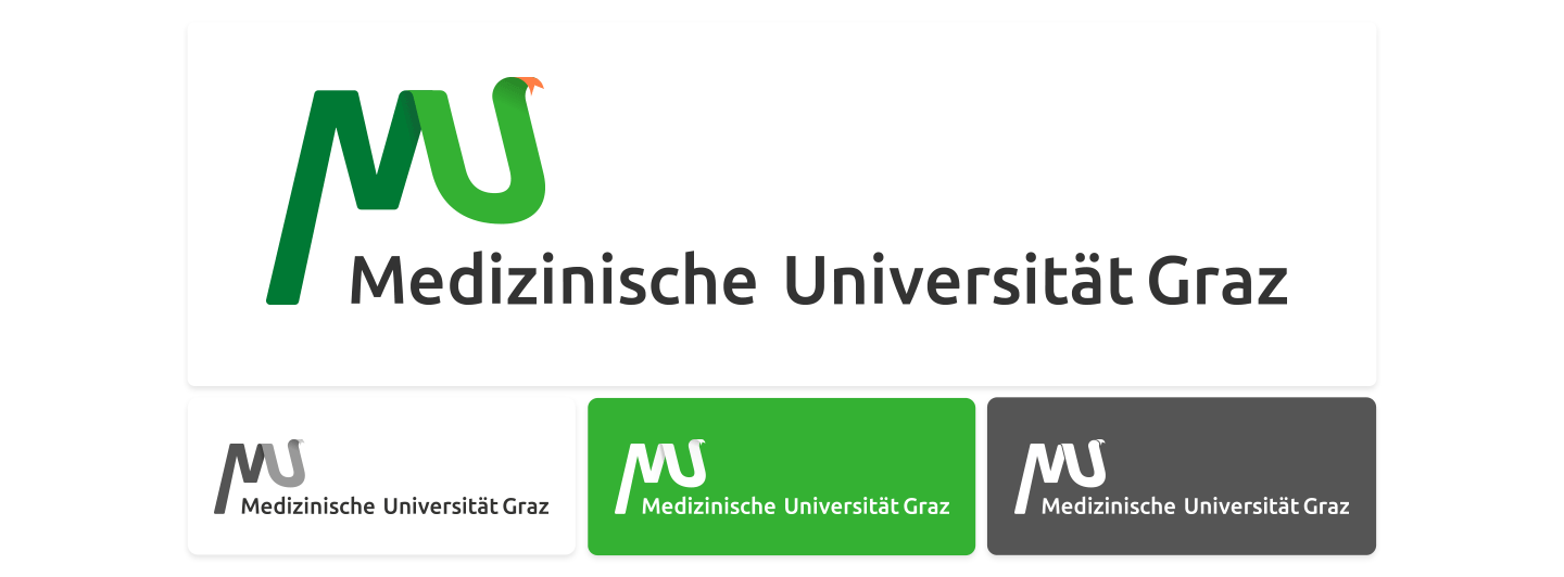 Logo-Varianten der Medizinischen Universitaet Graz. Modernes Design mit gruenen Buchstaben MU und einer stilisierten Schlange in verschiedenen Farb- und Laengenvarianten