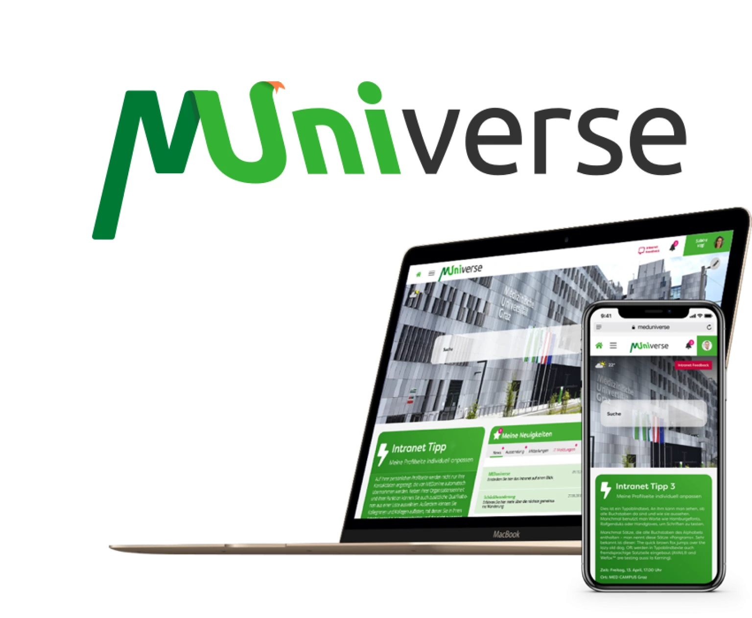 MUniVerse – das Intranet der Medizinischen Universitaet Graz. Logo und responsive Darstellung auf Laptop und Smartphone