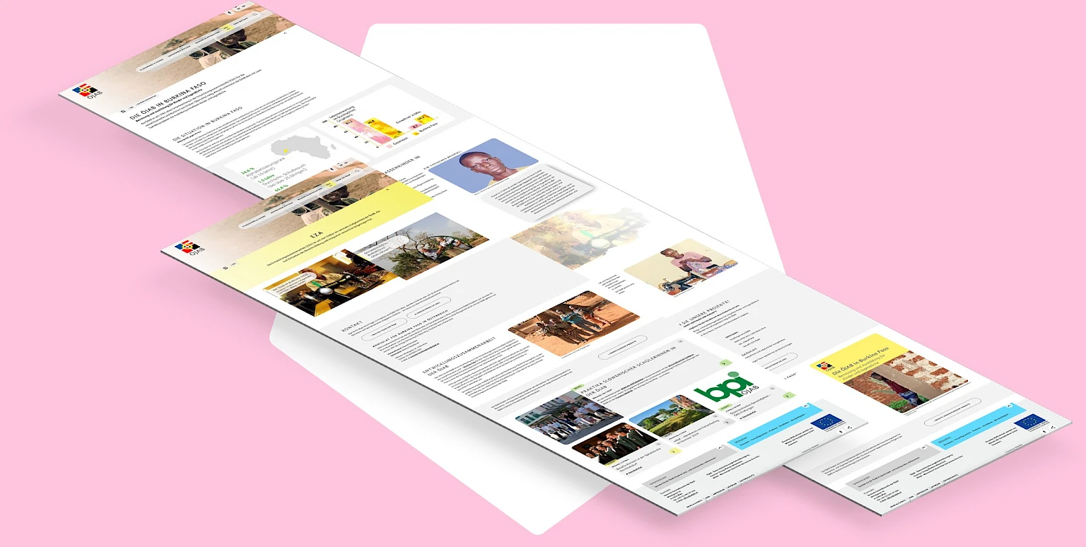 Website der OEJAB mit Informationen zu Entwicklungszusammenarbeit in Burkina Faso. Darstellung von Bildungs- und Hilfsprojekten mit Bildern und Textinhalten