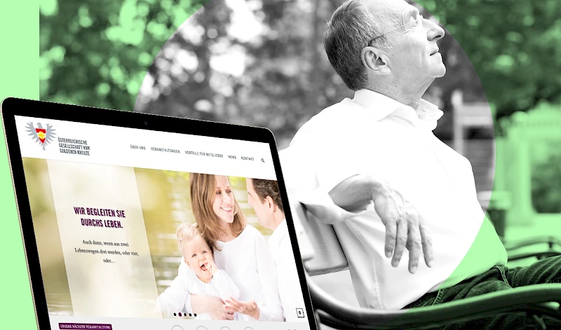 Website der Oesterreichischen Gesellschaft vom Goldenen Kreuz auf einem Laptop. Im Hintergrund ein aelterer Mann entspannt auf einer Parkbank