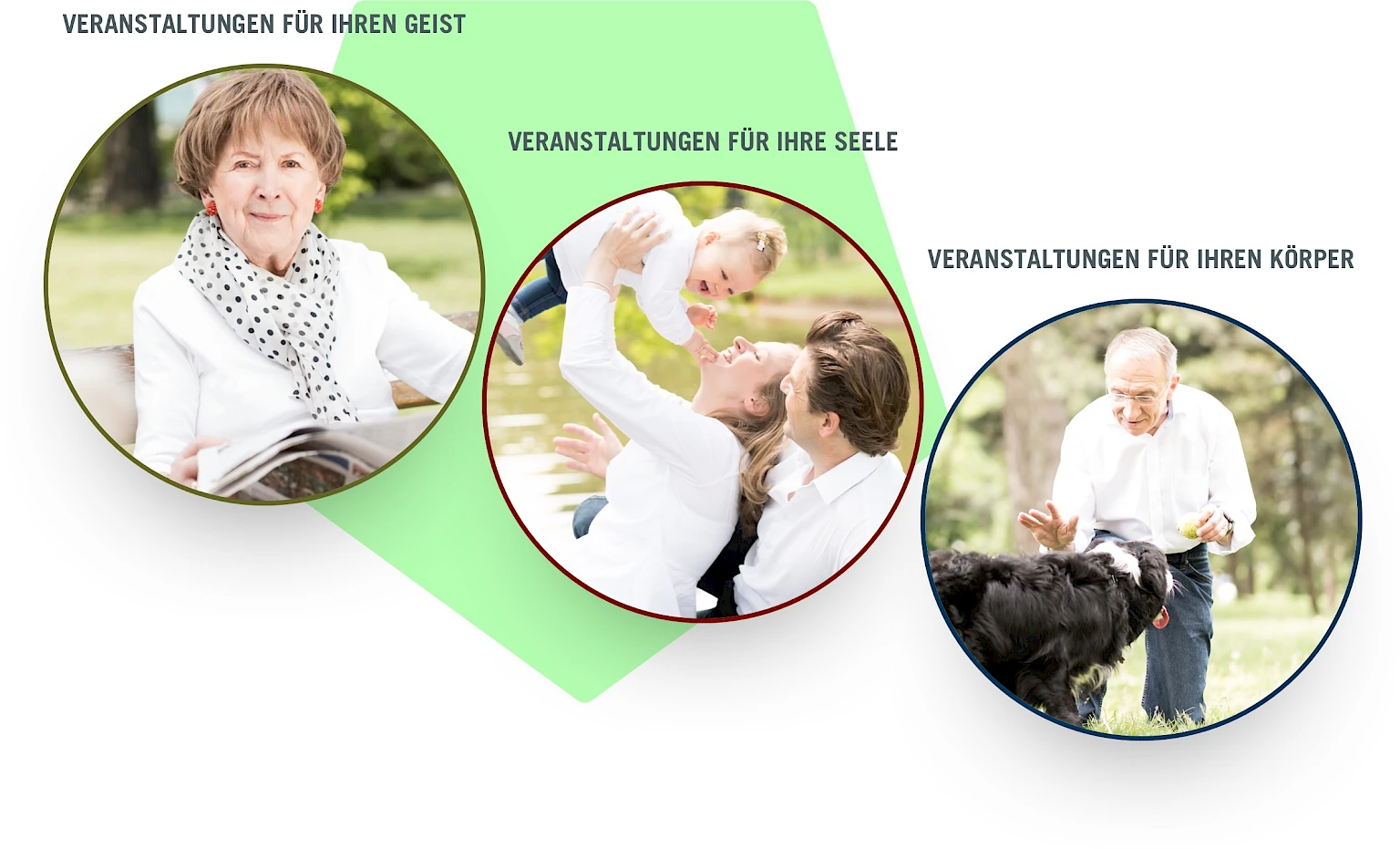 Drei Veranstaltungsbereiche fuer Gesundheit und Wohlbefinden: Angebote für den Geist (Lesen), die Seele (Familienzeit) und den Koerper (Bewegung mit Hund) in der Natur