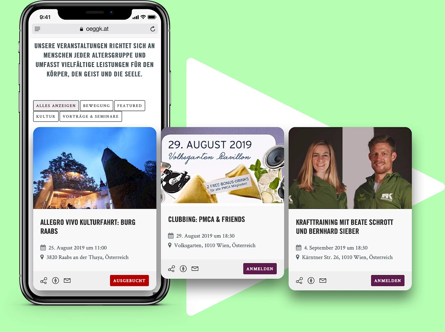 Mobile Event-Plattform der Oesterreichischen Gesellschaft vom Goldenen Kreuz. Veranstaltungsvorschau fuer Kulturfahrten, Clubbing und Krafttraining, jeweils mit Anmeldungsmoeglichkeit