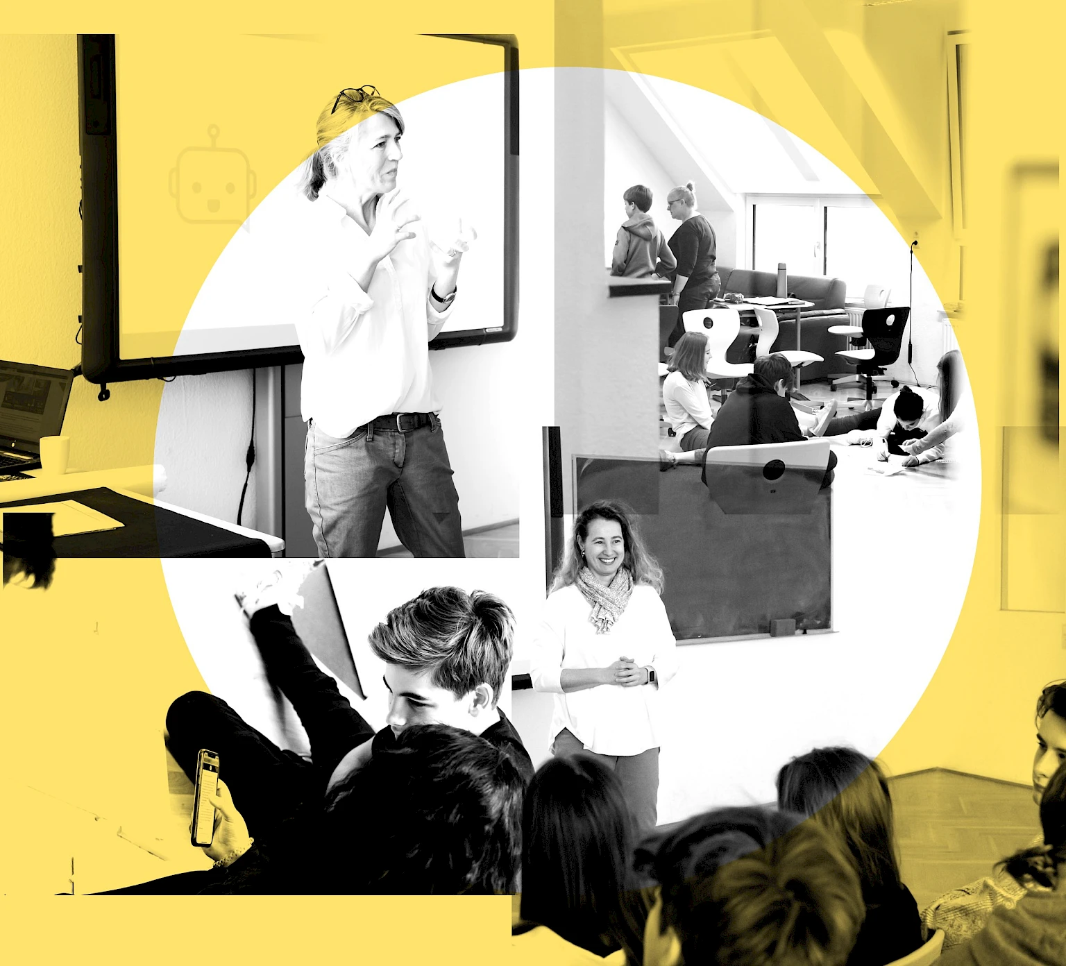 Interaktiver Workshop zur Zukunft der Medizin: Lehrer*innen und Schueler*innen diskutieren digitale Innovationen im Gesundheitswesen. Moderne Lernumgebung mit Smartboard und Gruppenarbeiten