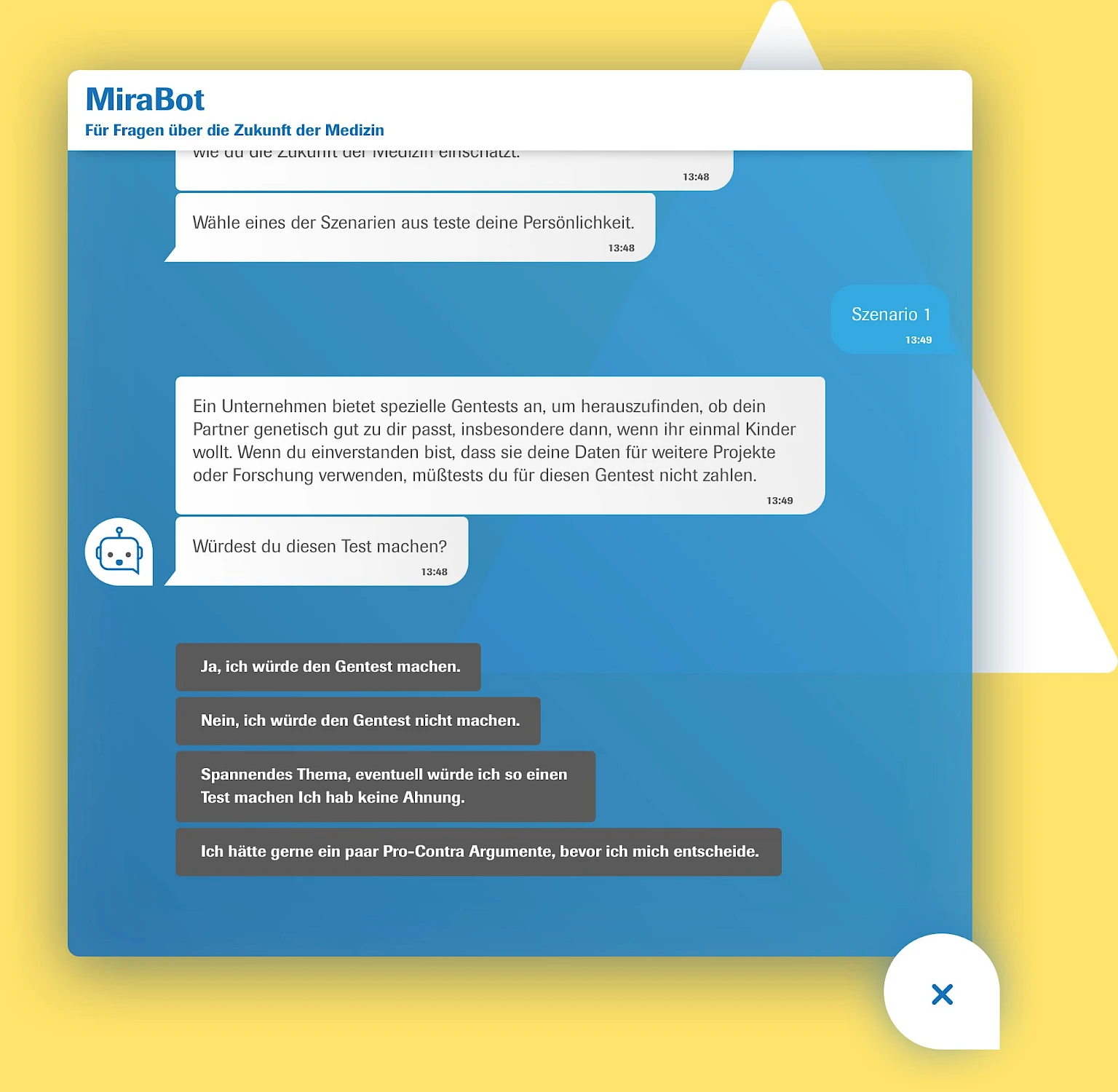 MiraBot Chat zur Zukunft der Medizin: Interaktives Szenario ueber Gentests und Datenschutz. Verschiedene Antwortmoeglichkeiten, um ethische und wissenschaftliche Aspekte zu diskutieren