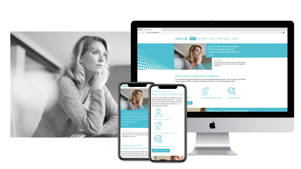 Salfero Website auf Desktop und Mobile: Gesundheitsplattform zur Foerderung langfristiger Therapietreue. Fokus auf Patient Support Programme (PSP) und realitaetsnahe Therapieunterstuetzung