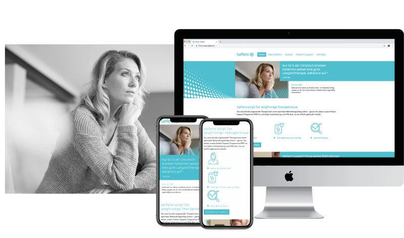 Salfero Website auf Desktop und Mobile: Gesundheitsplattform zur Foerderung langfristiger Therapietreue. Fokus auf Patient Support Programme (PSP) und realitaetsnahe Therapieunterstuetzung