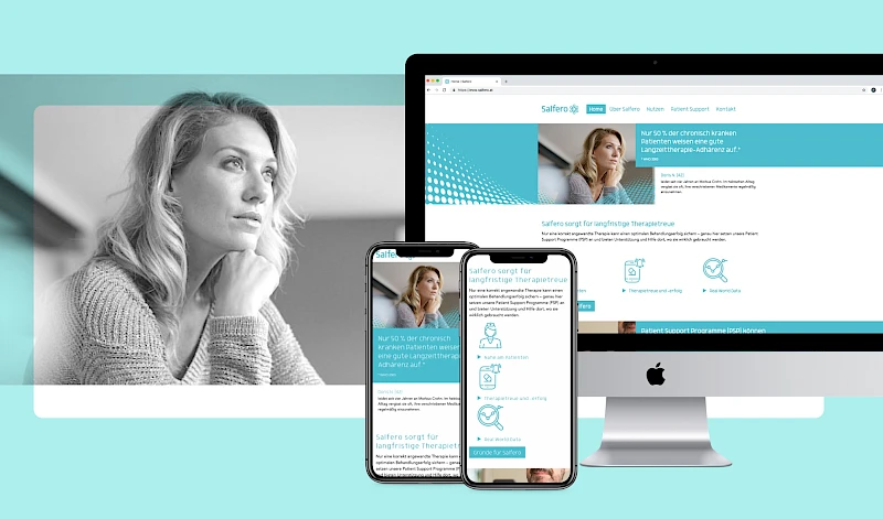 Salfero Website auf Desktop und Mobile: Gesundheitsplattform zur Foerderung langfristiger Therapietreue. Fokus auf Patient Support Programme (PSP) und realitaetsnahe Therapieunterstuetzung