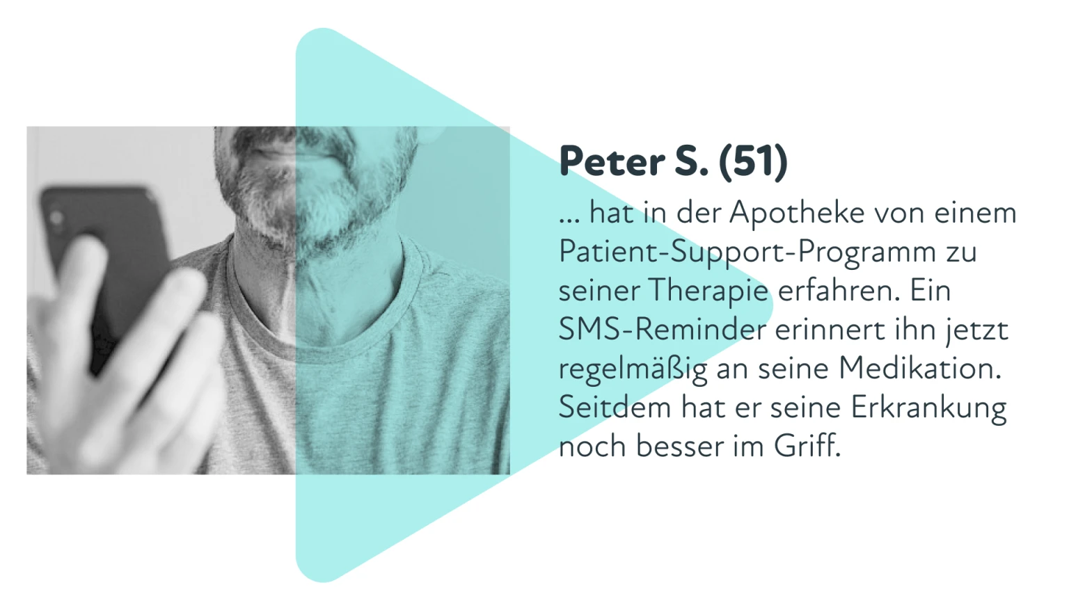 Baertiger Mann haelt Smartphone, daneben Text zu seinen Erfahrungen mit Patient Support Programmen (PSP)