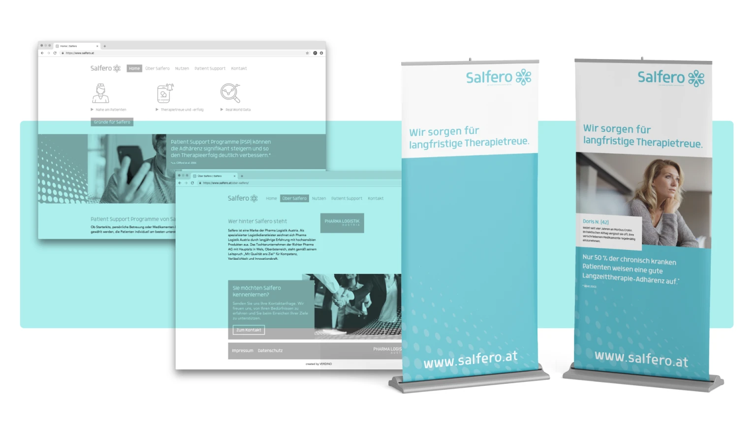 Zwei Website-Screenshots und zwei Roll-up-Bannern der Marke Salfero in hellem Tuerkiston gehalten