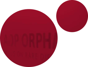 Zwei ueberlappende rote Kreise, die einen Teil eines Schriftzugs verdecken, der AOP ORPHAN zeigt.