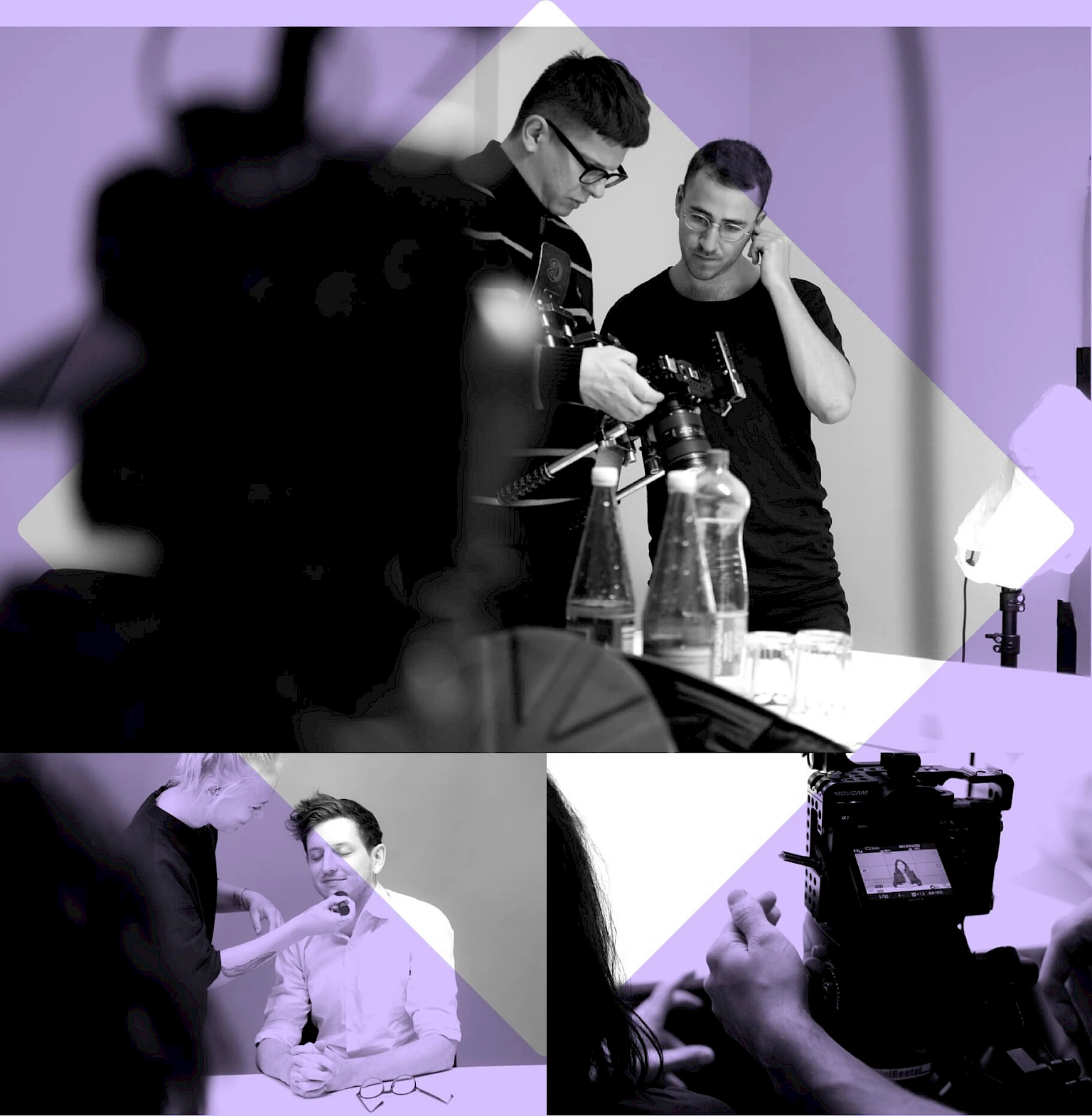 Behind-the-Scenes einer professionellen Fotoshooting-Produktion: Fotograf*innen, Kameraleute und Visagist*innen bei der Arbeit