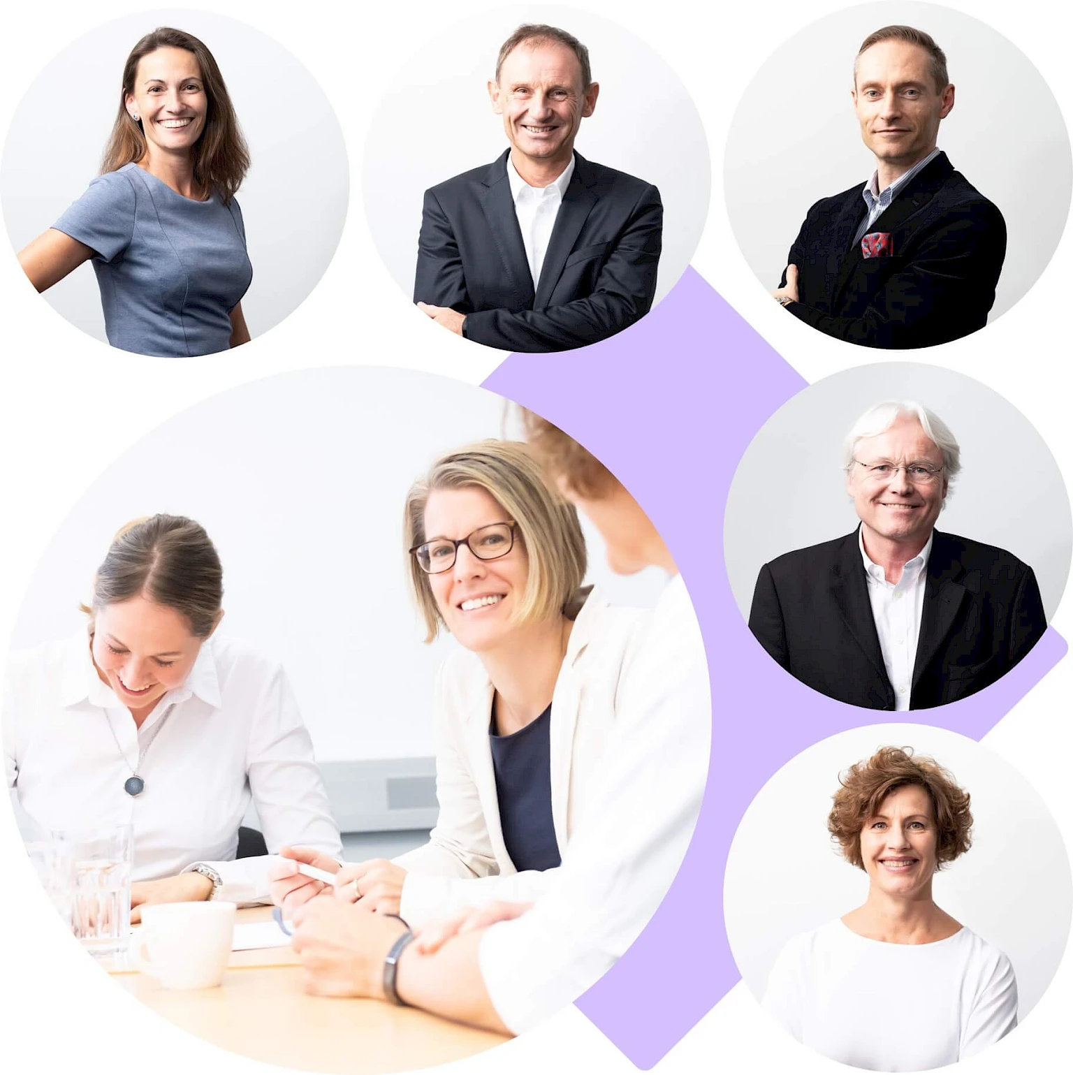 AOP Orphan Team: fuenf kleine und ein groeßeres Portrait in Kreisform von Mitarbeiter*innen und Expert*innen in der pharmazeutischen Forschung