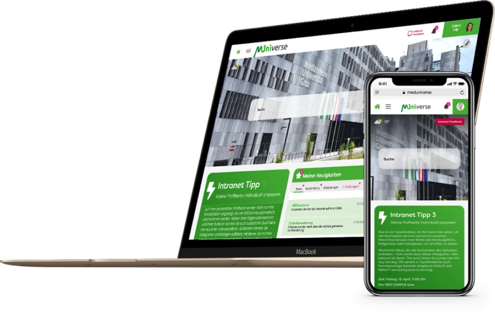 Laptop und Smartphone zeigen die Startseite des Intranets MUniverse der Medizinischen Universitaet Graz, mit Gebaeudefoto des MED CAMPUS Graz und gruenen Informationsboxen zu Intranet-Tipps und Neuigkeiten