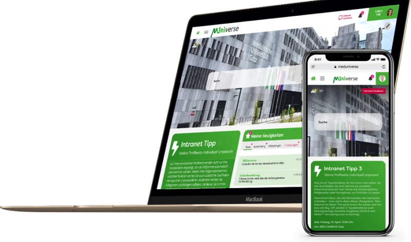 Laptop und Smartphone zeigen die Startseite des Intranets MUniverse der Medizinischen Universitaet Graz, mit Gebaeudefoto des MED CAMPUS Graz und gruenen Informationsboxen zu Intranet-Tipps und Neuigkeiten