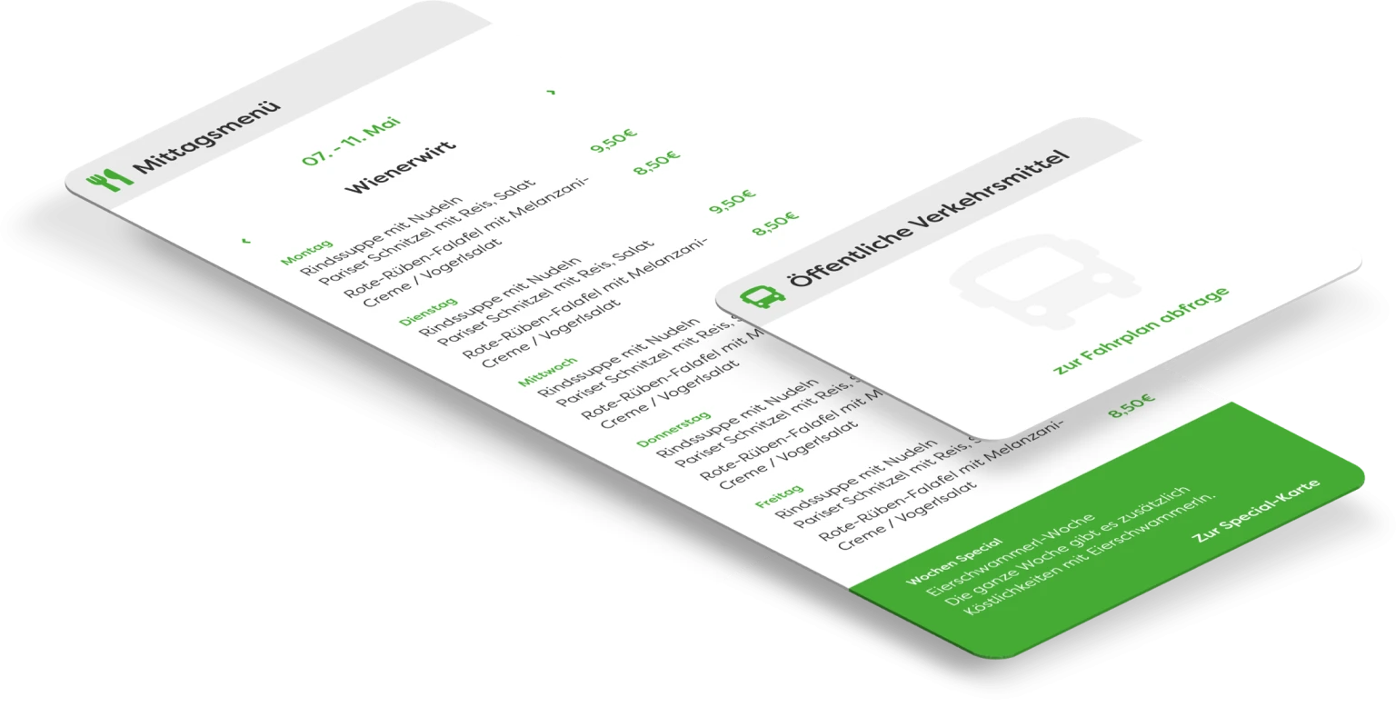 Darstellung einer digitalen Benutzeroberflaeche auf einem Display: Intranet der Med Uni Graz mit Mittagsmenue und Fahrplan oeffentlicher Verkehrsmittel
