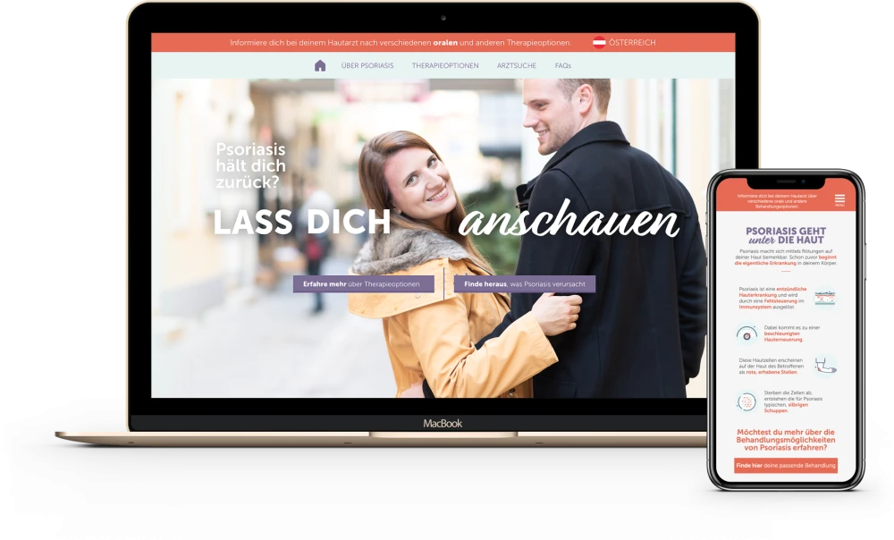 Website zur Aufklaerung ueber Psoriasis auf Laptop und Smartphone mit Links zu Symptomen, Therapieoptionen und Ursachen