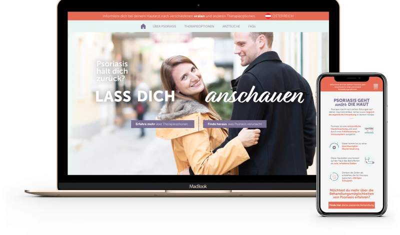 Website zur Aufklaerung ueber Psoriasis auf Laptop und Smartphone mit Links zu Symptomen, Therapieoptionen und Ursachen
