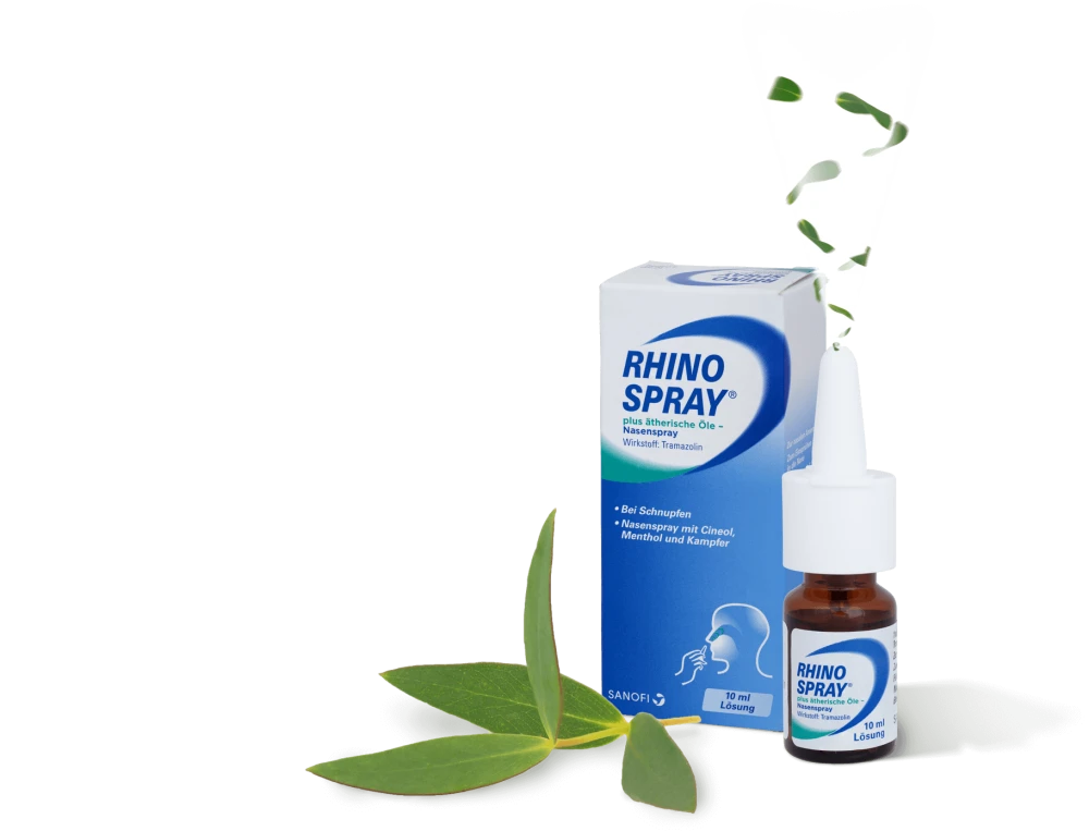 Rhinospray neben Verpackung und Eukalyptusblatt