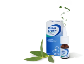 Rhinospray neben Verpackung und Eukalyptusblatt