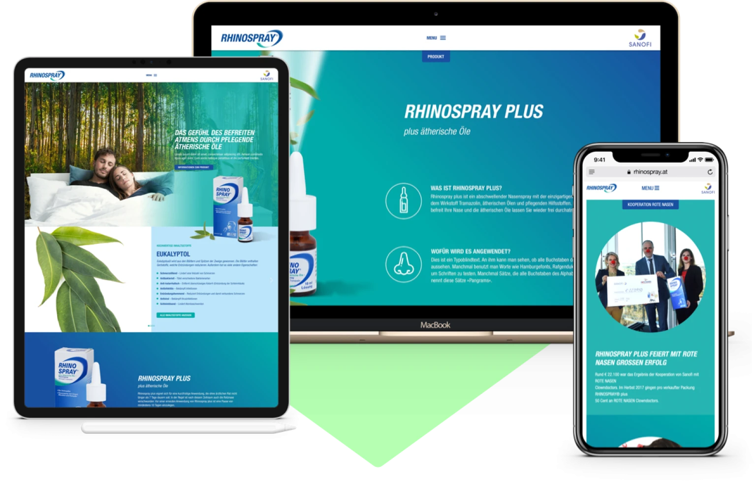 Website-Darstellung von Rhinospray Plus auf Tablet, Laptop und Smartphone: Produktinformationen, Anwendungshinweise und Charity-Aktion fuer Rote Nasen