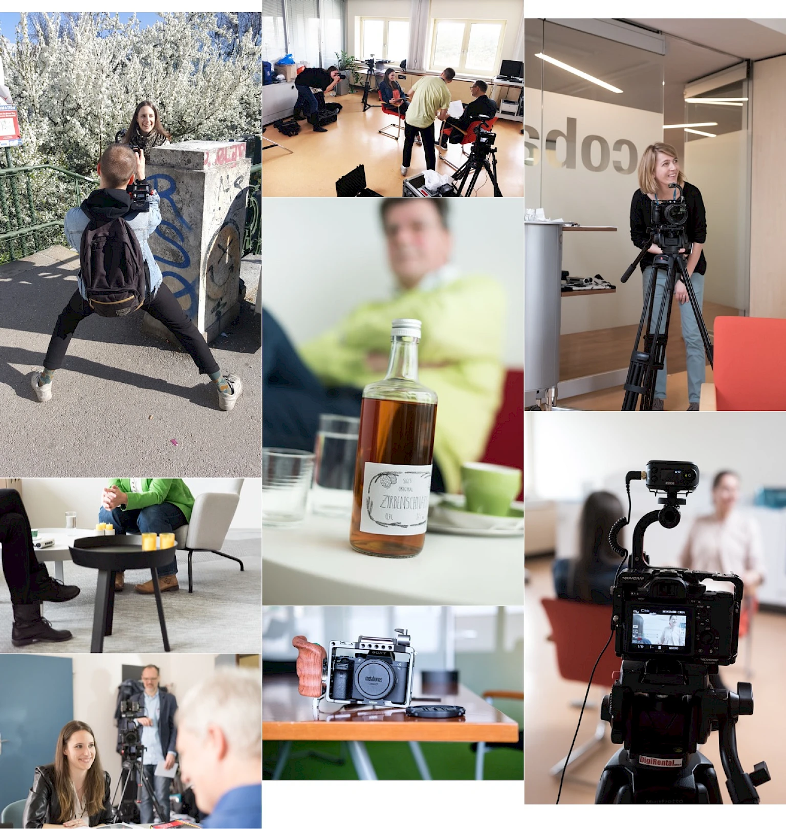 Collage aus Behind-the-Scenes-Aufnahmen eines Videodrehs fuer die Kampagne