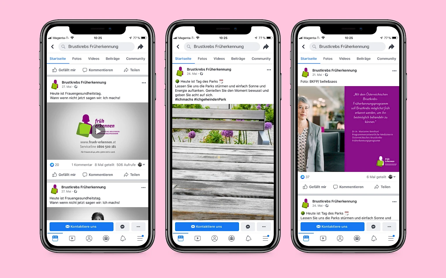 Drei Smartphone-Screens mit Facebook-Beitraegen der Seite „Brustkrebs Frueherkennung“ zu den Themen Frauengesundheitstag, Brustkrebs-Frueherkennung und Tag des Parks