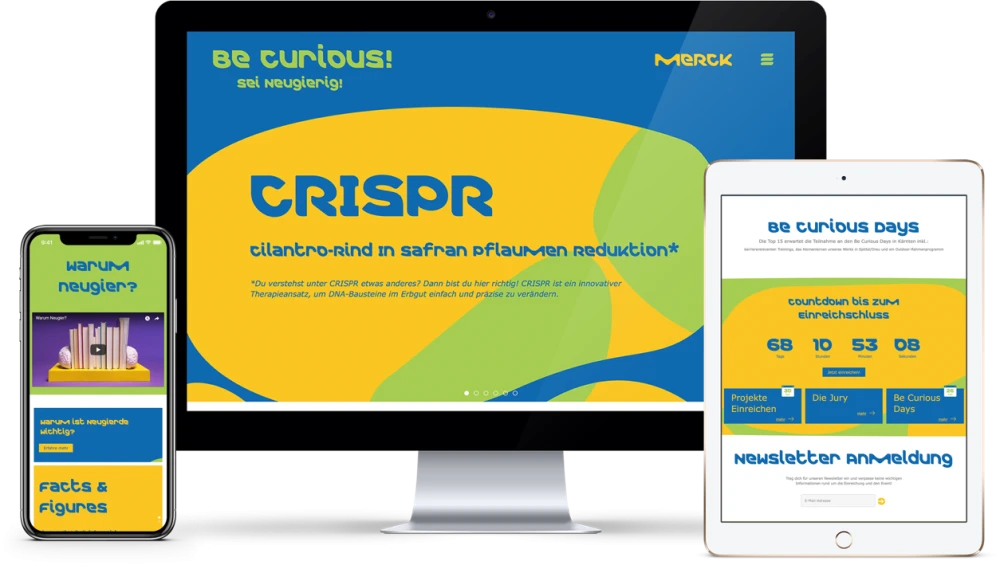 Darstellung der Website „Be Curious! Sei neugierig!“ von Merck auf Smartphone, Tablet und Desktop: CRISPR, Be Curious Days und Informationen zur Projekteinreichung