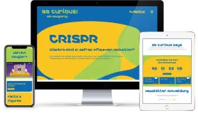 Darstellung der Website „Be Curious! Sei neugierig!“ von Merck auf Smartphone, Tablet und Desktop: CRISPR, Be Curious Days und Informationen zur Projekteinreichung