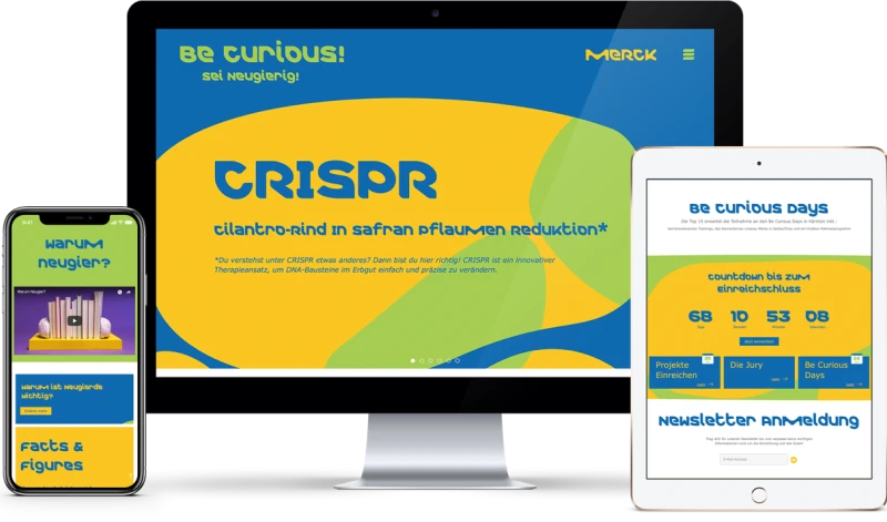 Darstellung der Website „Be Curious! Sei neugierig!“ von Merck auf Smartphone, Tablet und Desktop: CRISPR, Be Curious Days und Informationen zur Projekteinreichung
