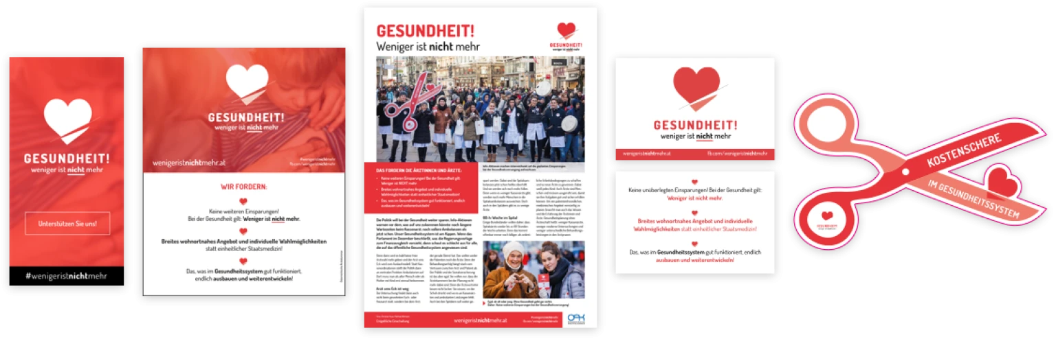 Kampagnenmaterialien von „Weniger ist nicht mehr“: rote Plakate und Flyer mit einem weißen Herz-Logo, Bericht zu einer Protestaktion und Sticker in Form einer roten Schere