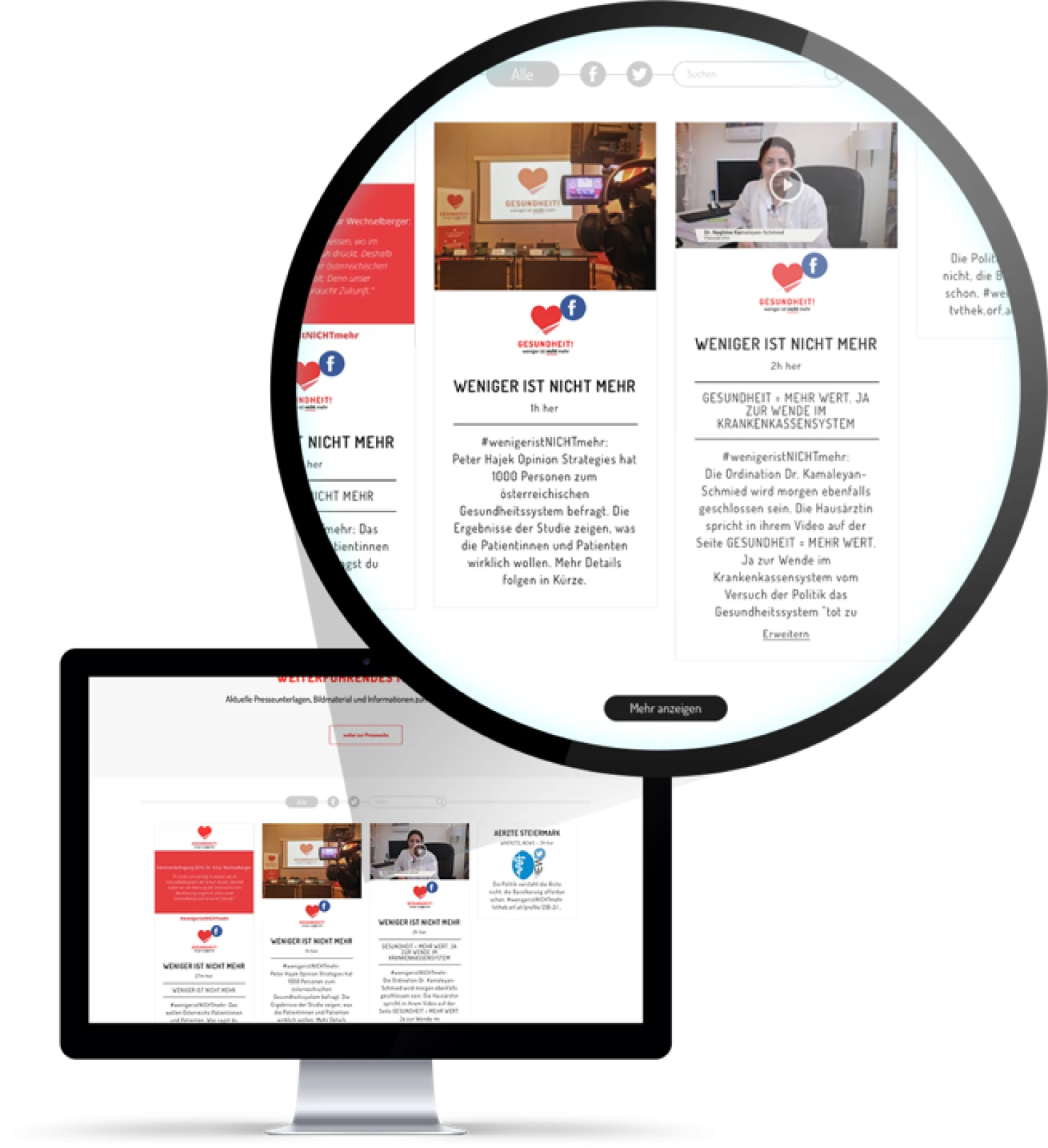 Screenshot der Website „Weniger ist nicht mehr“ auf einem Desktop-Monitor, mit vergroeßerter Ansicht eines Social-Media-Feeds mit aktuellen Posts zur Kampagne