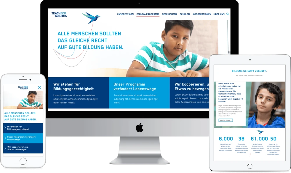Darstellung der Website von Teach for Austria auf Smartphone, Tablet und Desktop: Informationen ueber Bildungsungerechtigkeit, Fellow-Programm und Kooperationen