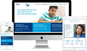 Darstellung der Website von Teach for Austria auf Smartphone, Tablet und Desktop: Informationen ueber Bildungsungerechtigkeit, Fellow-Programm und Kooperationen