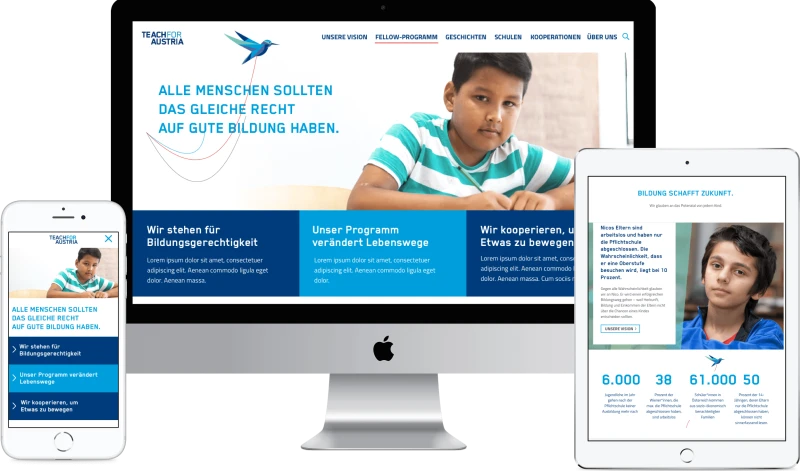 Darstellung der Website von Teach for Austria auf Smartphone, Tablet und Desktop: Informationen ueber Bildungsungerechtigkeit, Fellow-Programm und Kooperationen