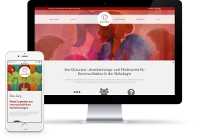 Darstellung der Website des Occursus-Anerkennungs- und Foerderpreises fuer Kommunikation in der Onkologie auf einem Smartphone und einem Desktop-Monitor: Informationen ueber die Initiative, Projekte und Jury