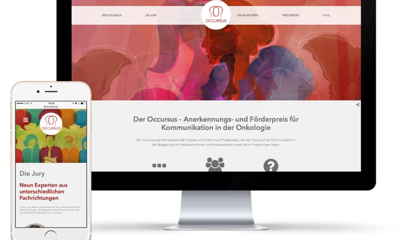 Darstellung der Website des Occursus-Anerkennungs- und Foerderpreises fuer Kommunikation in der Onkologie auf einem Smartphone und einem Desktop-Monitor: Informationen ueber die Initiative, Projekte und Jury