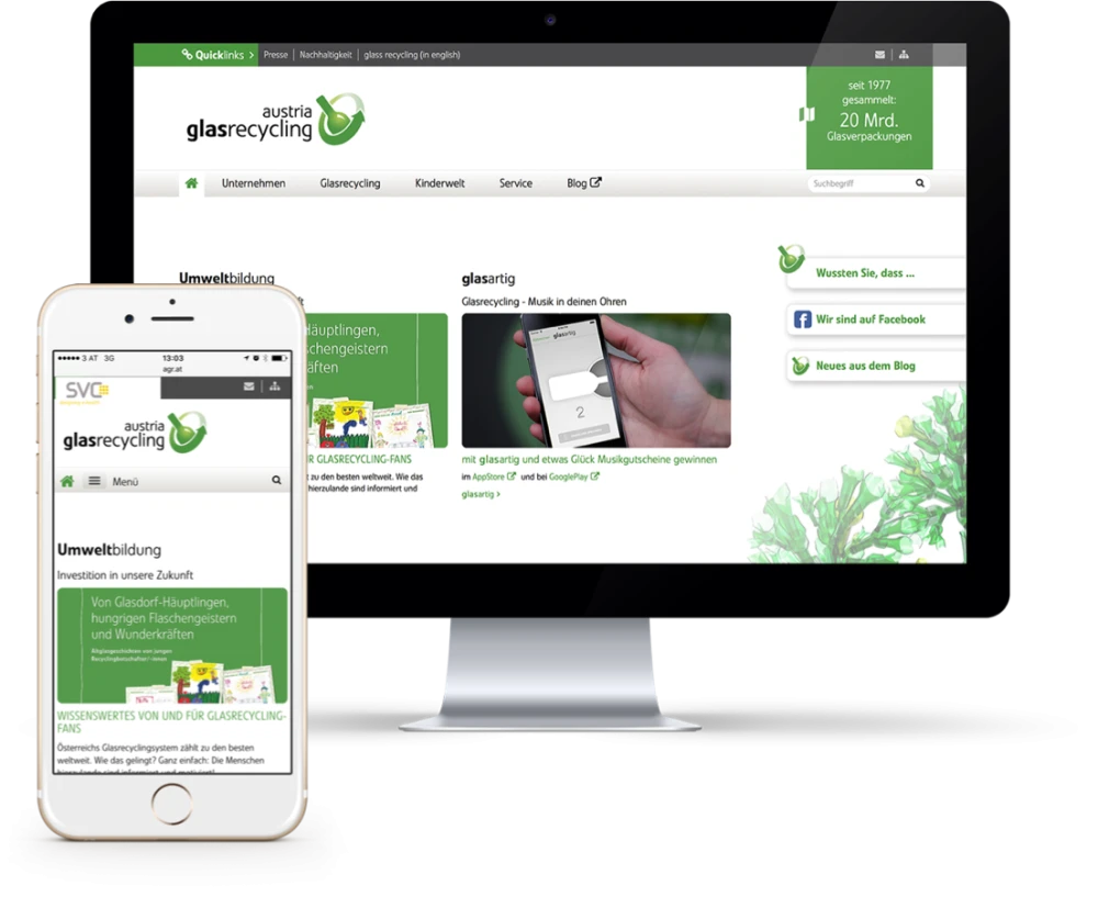 Website-Darstellung von Austria Glasrecycling auf Desktop und Smartphone: Inhalte zur Umweltbildung, Glasrecycling und App