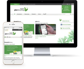Website-Darstellung von Austria Glasrecycling auf Desktop und Smartphone: Inhalte zur Umweltbildung, Glasrecycling und App 