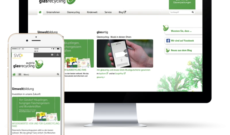 Website-Darstellung von Austria Glasrecycling auf Desktop und Smartphone: Inhalte zur Umweltbildung, Glasrecycling und App