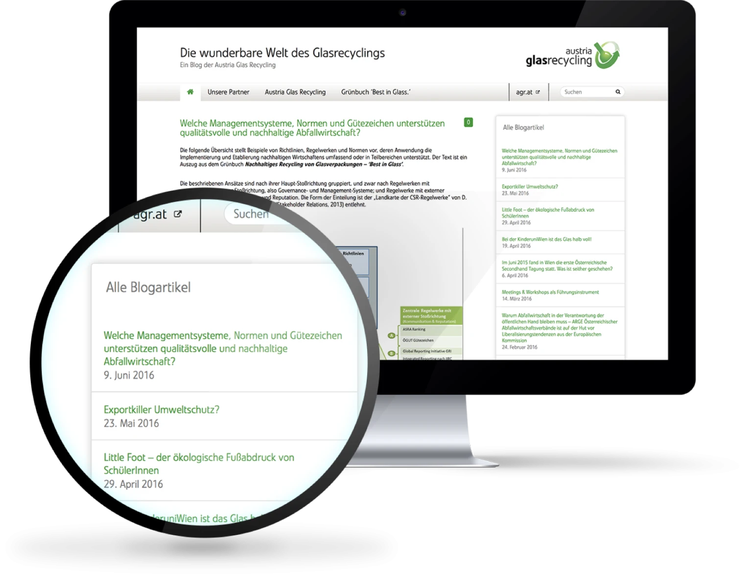 Screenshot der Blogseite von Austria Glasrecycling auf einem Desktop-Bildschirm. Im Fokus steht eine Liste von Blogartikeln zu den Umwelt- und Klimaschutz, die mit einer Lupe vergroessert dargestellt ist