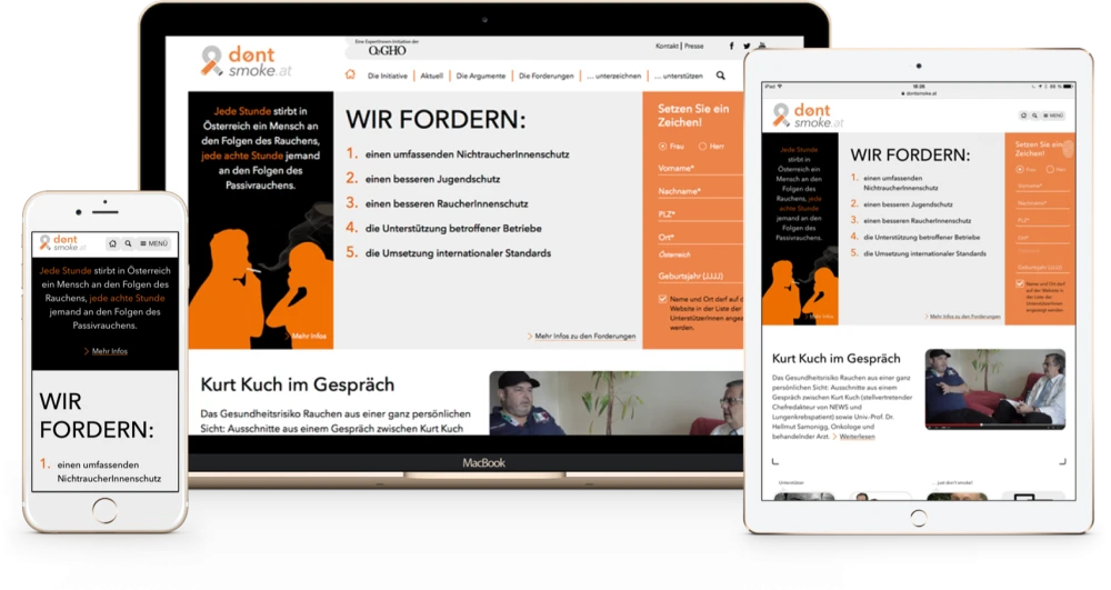 Darstellung der Website der Initiative dontsmoke.at auf Smartphone, Tablet und Laptop: Uebersicht ueber Forderungen, Infobox ueber Folgen des Rauchens, Formular zur Unterstuetzung der Petition