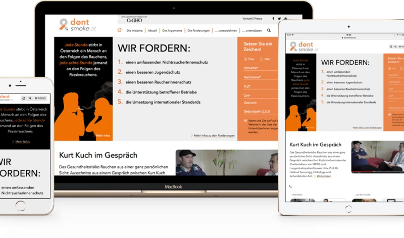 Darstellung der Website der Initiative dontsmoke.at auf Smartphone, Tablet und Laptop: Uebersicht ueber Forderungen, Infobox ueber Folgen des Rauchens, Formular zur Unterstuetzung der Petition