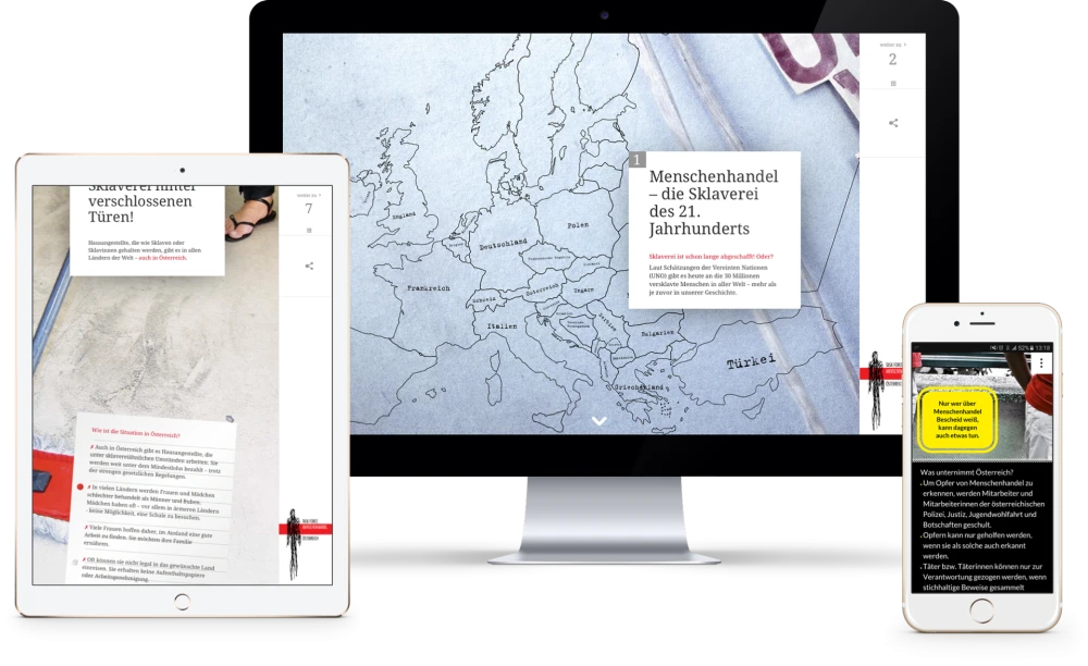 Webausstellung zum Thema Menschenhandel auf Desktop, Tablet und Smartphone: Europakarte mit