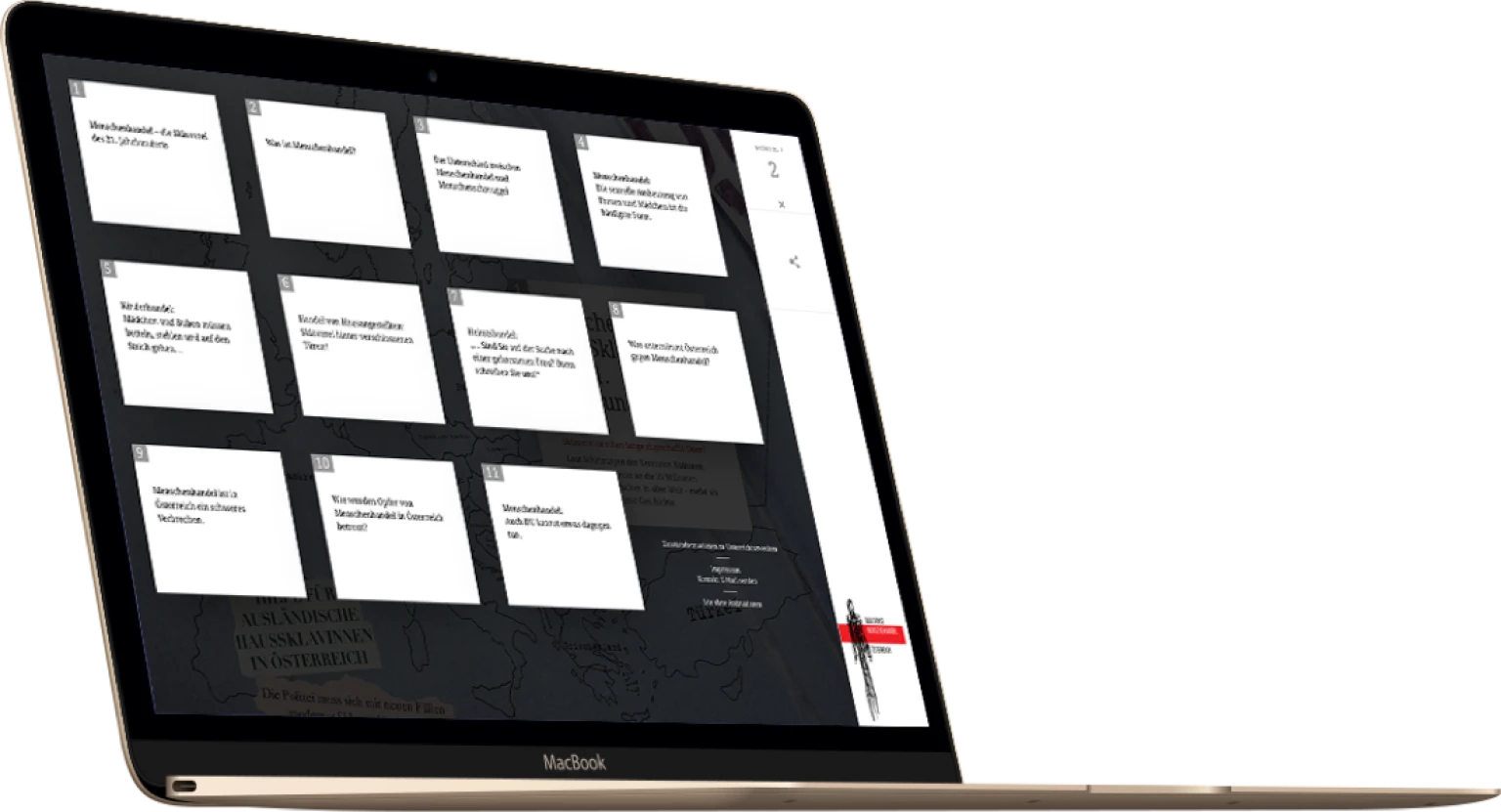 Laptop-Bildschirm zeigt eine interaktive Website zum Thema Menschenhandel mit mehreren Kacheln mit Fragen wie „Was ist Menschenhandel?