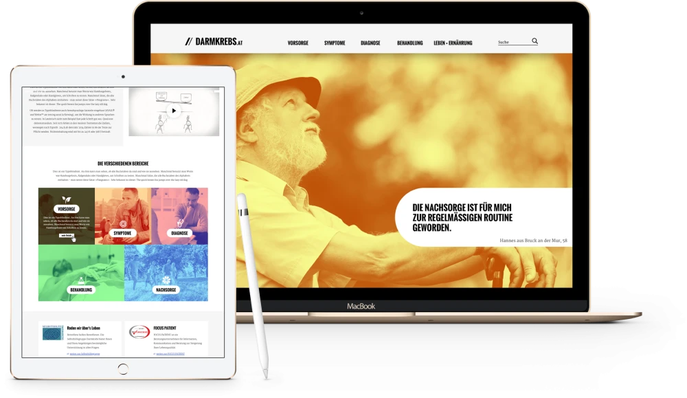 Website-Darstellung von darmkrebs.at auf Tablet und Laptop. Auf dem Laptopbildschirm ist ein aelterer Mann zu sehen, auf dem Tablet Informationsbereiche in farbigen Kacheln