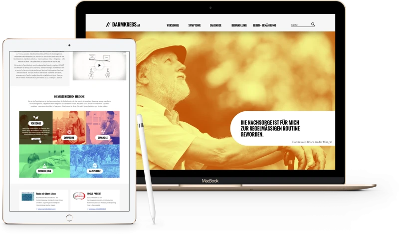 Website-Darstellung von darmkrebs.at auf Tablet und Laptop. Auf dem Laptopbildschirm ist ein aelterer Mann zu sehen, auf dem Tablet Informationsbereiche in farbigen Kacheln