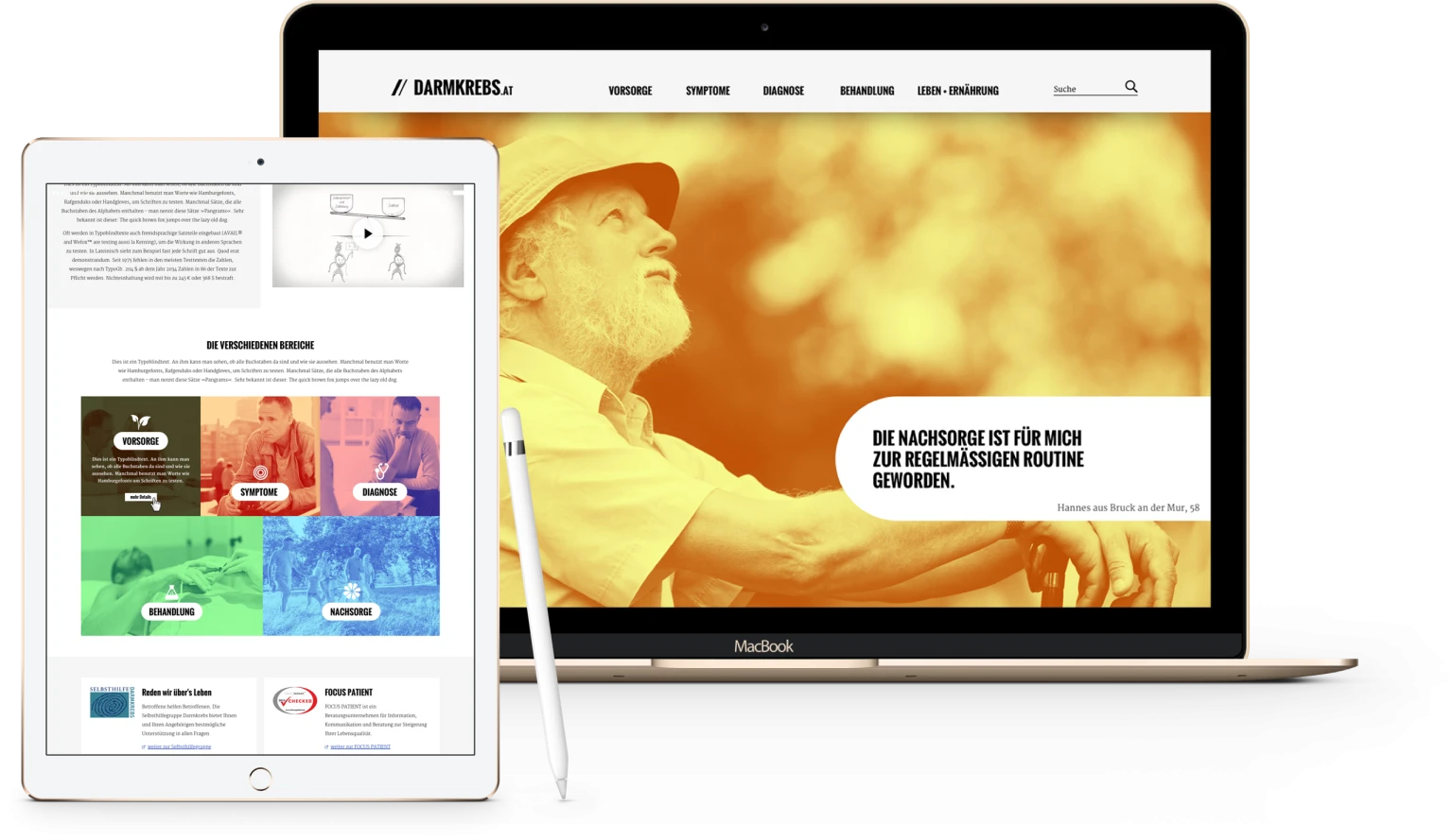 Website-Darstellung von darmkrebs.at auf Tablet und Laptop. Auf dem Laptopbildschirm ist ein aelterer Mann zu sehen, auf dem Tablet Informationsbereiche in farbigen Kacheln